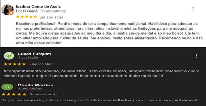 Avaliações verificadas no Google sobre o acompanhamento com André Marques
